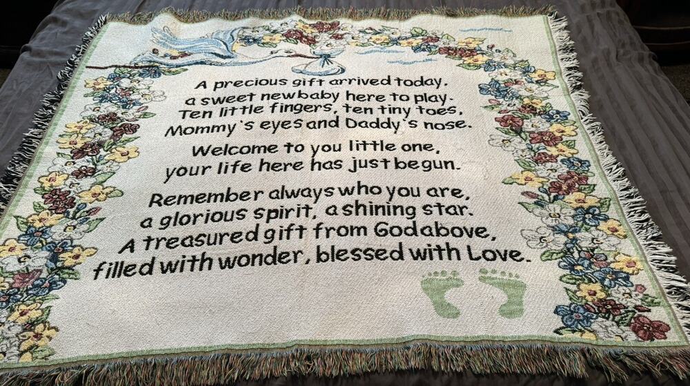 Baby Tapestry Welcome Grannycore Blanket Stork Footprints Precious Gift from God